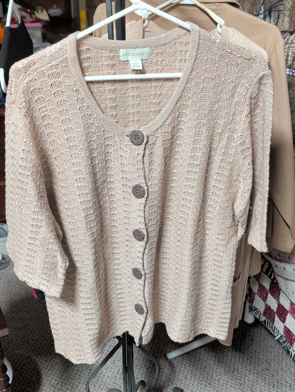 Appleseed's Beige Open-Weave Button Cardigan